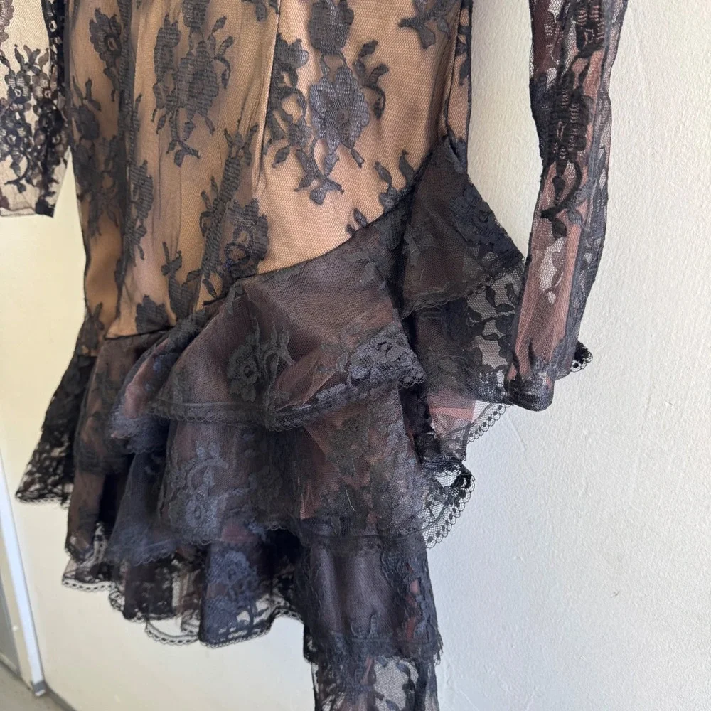 Victor Costa Black Lace Long Sleeve Tiered Mini Dress over Nude Slip - Picture 8 of 14